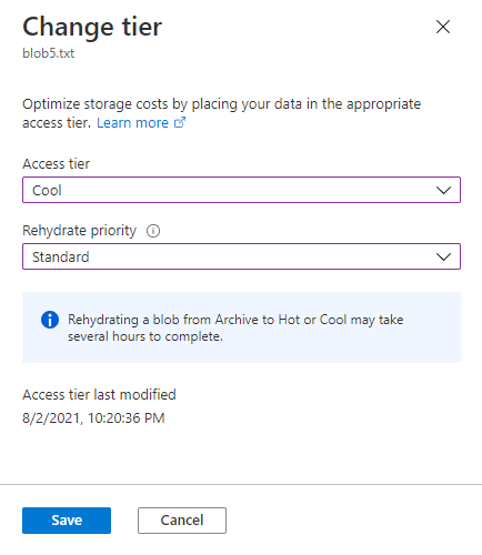 Screenshot showing how to rehydrate a blob from the archive tier in the Azure portal. 