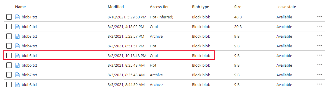 Screenshot showing the rehydrated blob in the cool tier and the log blob written by the event handler.