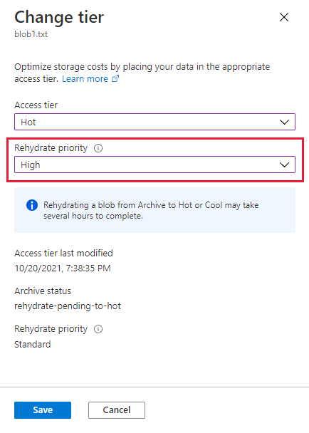 Screenshot showing how to update the rehydration priority for a rehydrating blob in Azure portal.