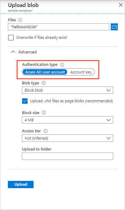 Screenshot showing how to change authorization method on blob upload