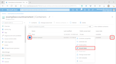Screenshot showing how to access container lease settings in the Azure portal.