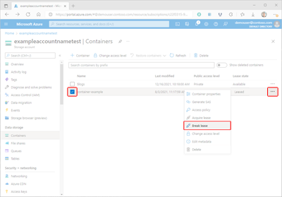 Screenshot showing how to break a container lease within the Azure portal.