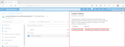 Screenshot showing how to access container lease status pane within the Azure portal.