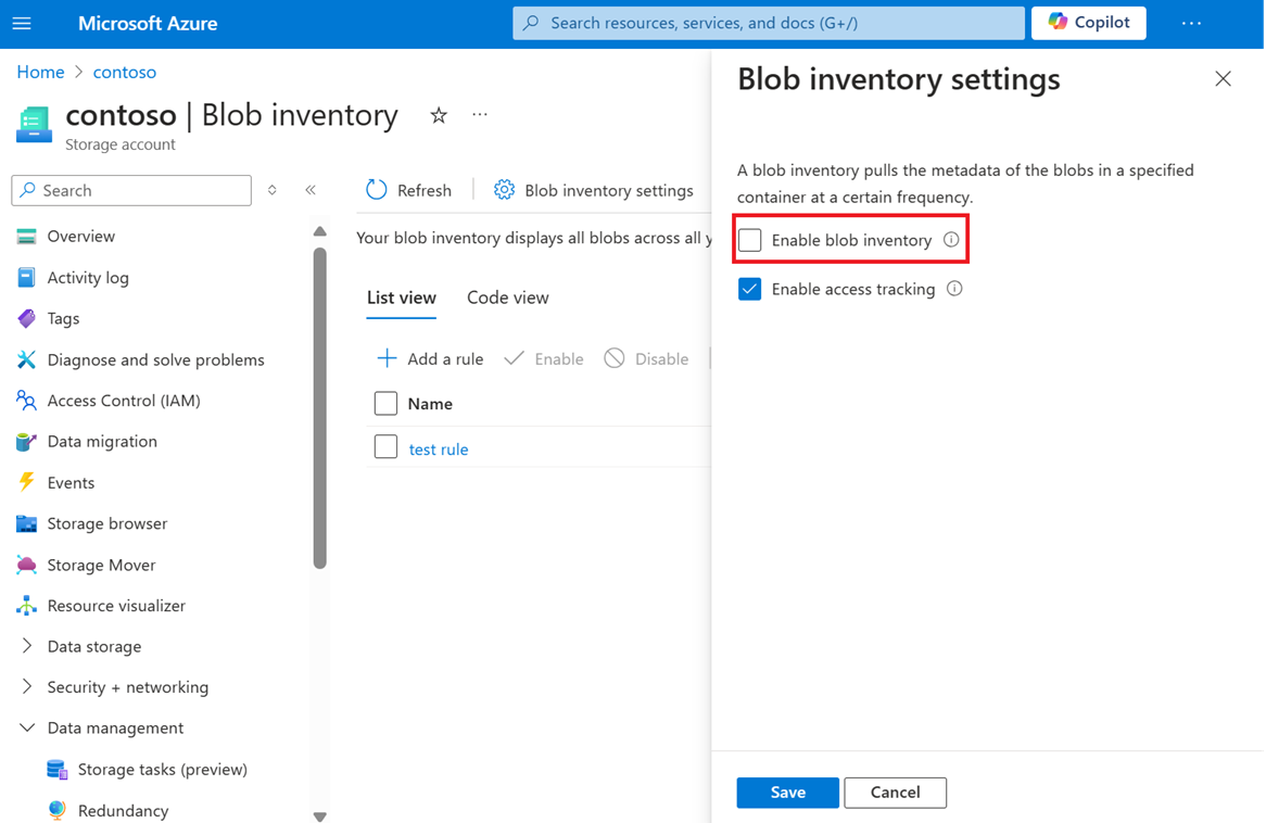 Screenshot showing the Enable blob inventory checkbox in the Azure portal.