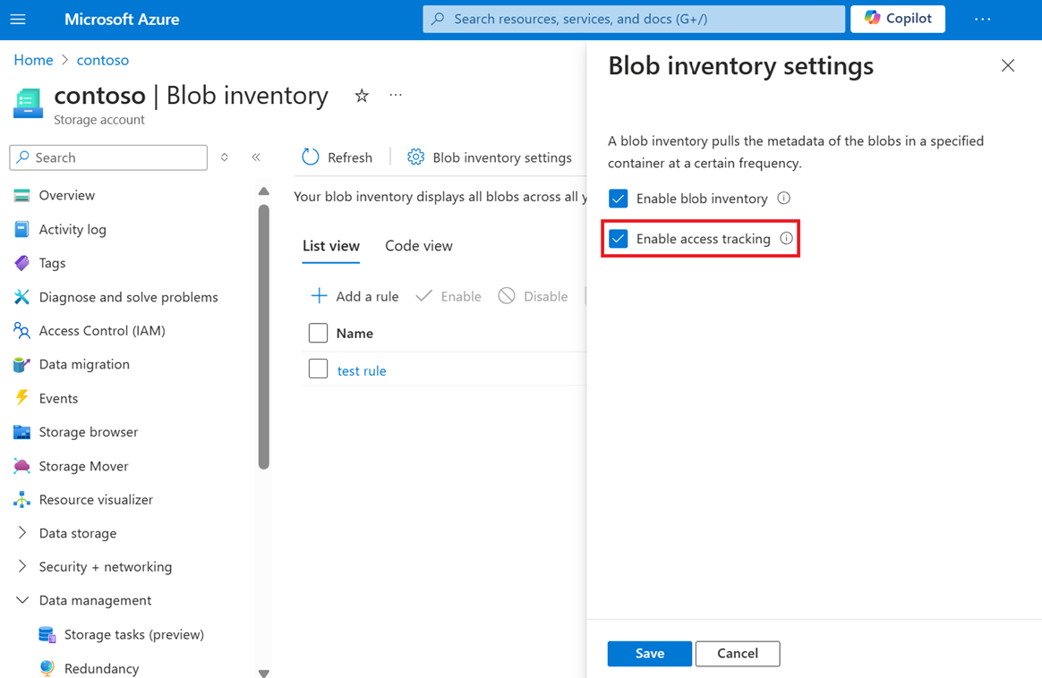 Screenshot showing how to enable last access time tracking of the blob inventory settings by using the Azure portal.