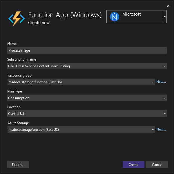A screenshot showing how to create a new Function App in Azure.