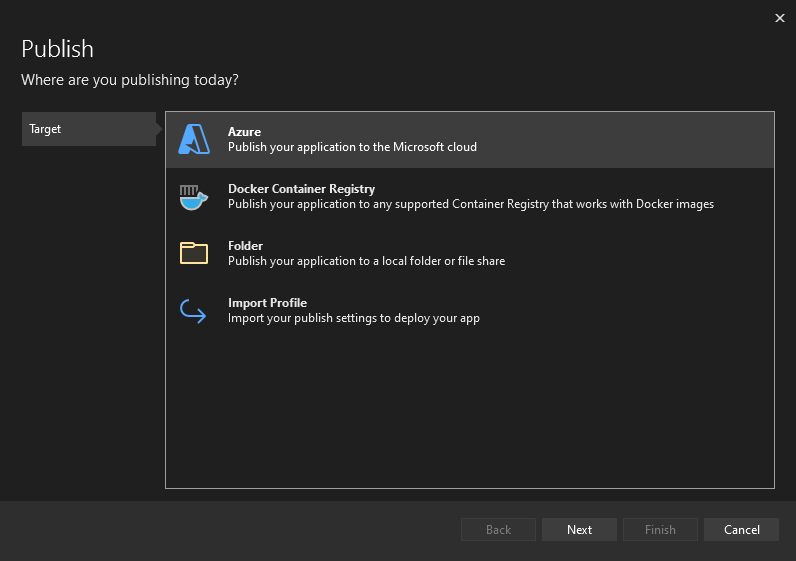 A screenshot showing how to select Azure as the deployment target.