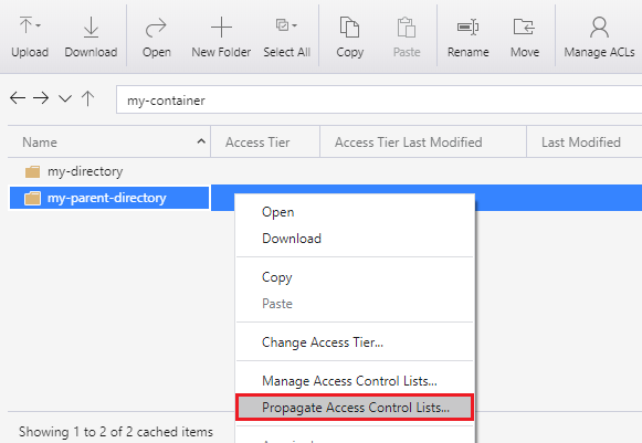 Right-clicking a directory and choosing the propagate access control setting