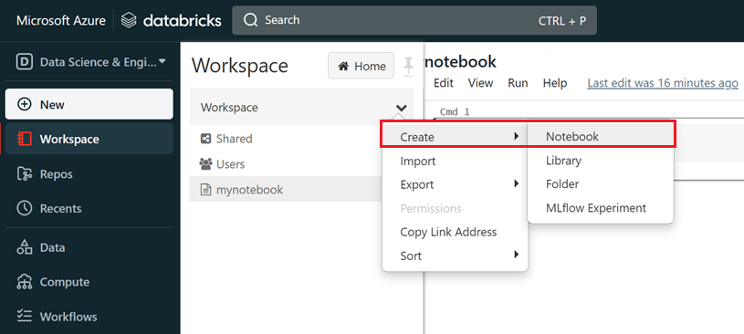 Screenshot of create notebook option.