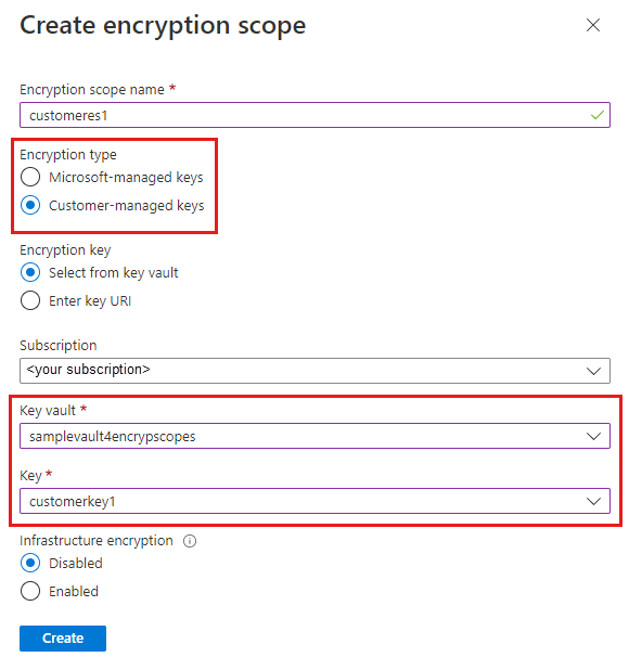 Screenshot showing how to create encryption scope in Azure portal