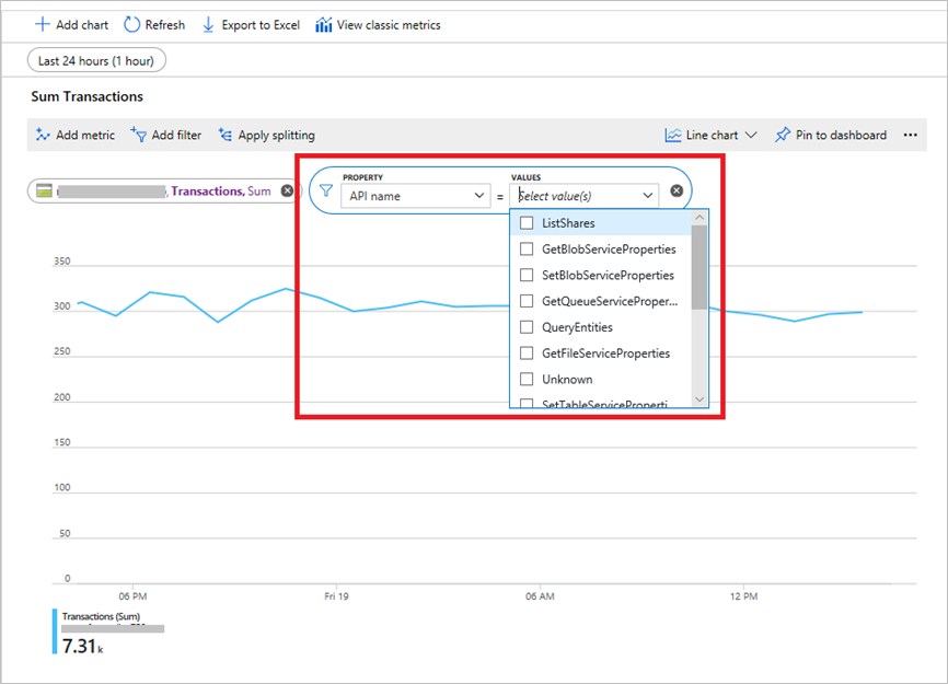Screenshot of accessing metrics with dimension in the Azure portal