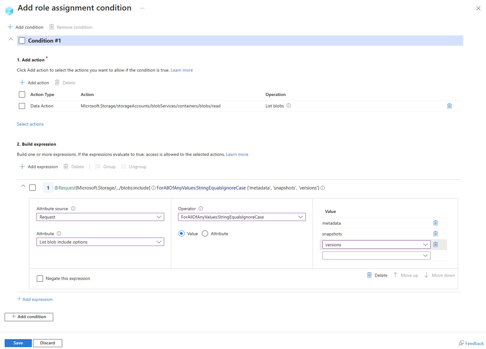Screenshot of condition editor in Azure portal showing a condition to allow a user to list blobs in a container and include metadata, snapshot, and version information.