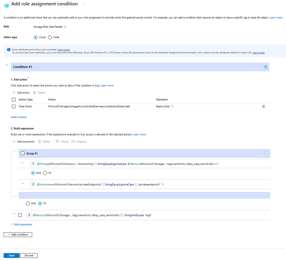 Screenshot of condition editor in Azure portal showing read access allowed over a specific private endpoint for tagged users.
