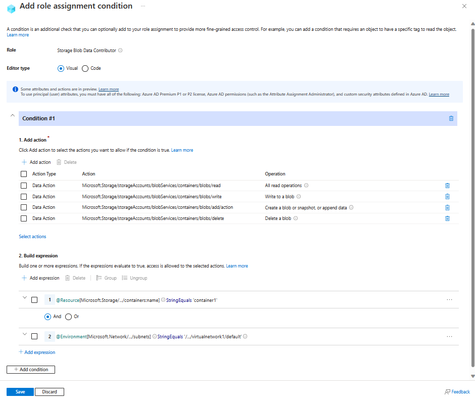 Screenshot of the condition editor in the Azure portal showing read access to specific containers allowed from a specific subnet.
