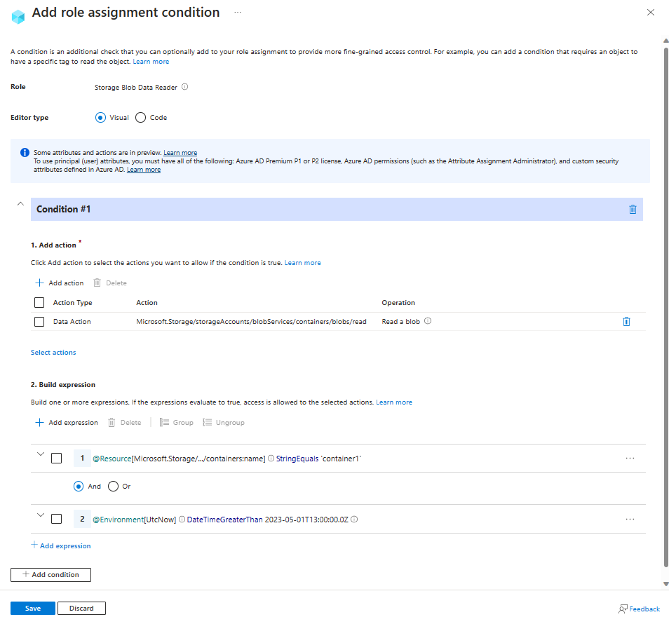 Screenshot of the condition editor in the Azure portal showing read access allowed after a specific date and time.