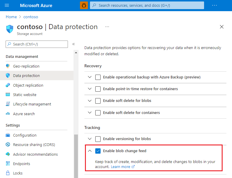 Screenshot showing how to enable change feed in Azure portal