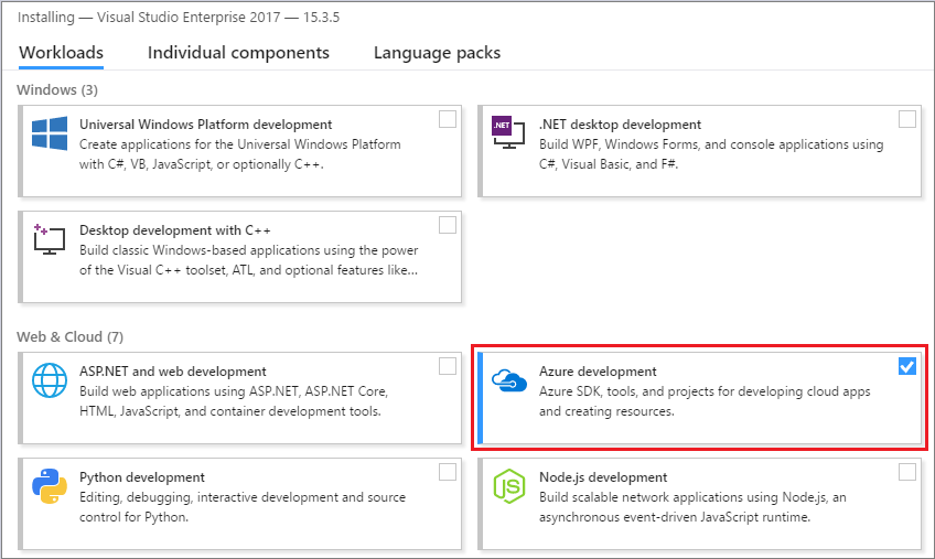Screenshot of Visual Studio Azure development workload (under Web & Cloud).