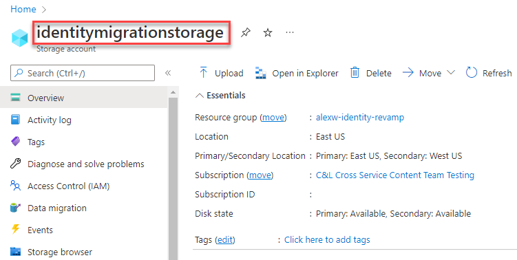 Screenshot showing how to find the storage account name.