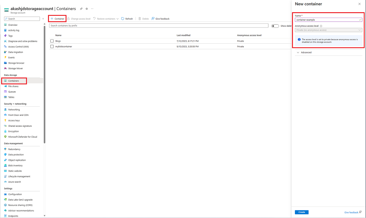 Screenshot showing how to create a container in the Azure portal