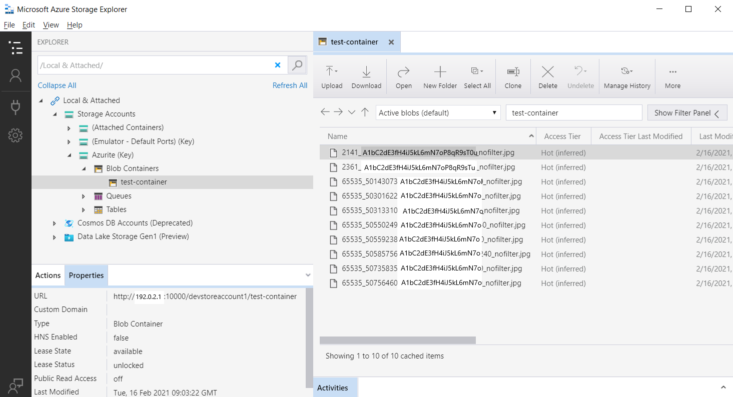 Screenshot of Azure Storage Explorer showing files generated by the tests.