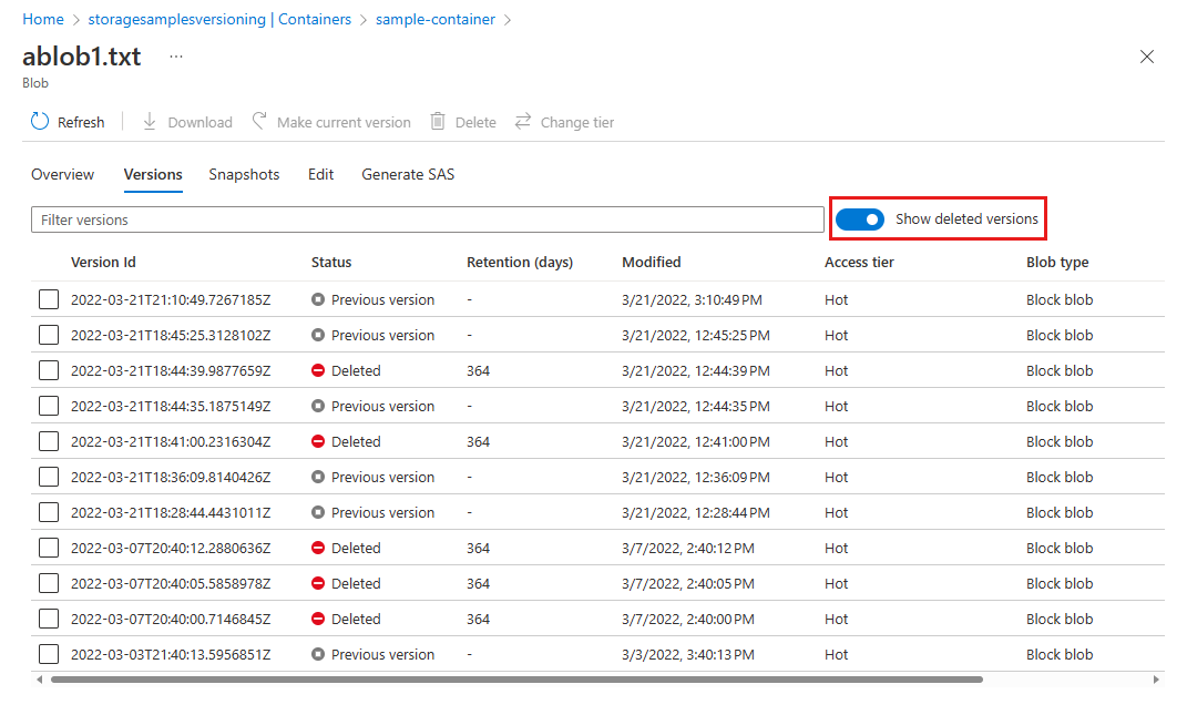 Screenshot showing how to list soft-deleted versions in Azure portal.