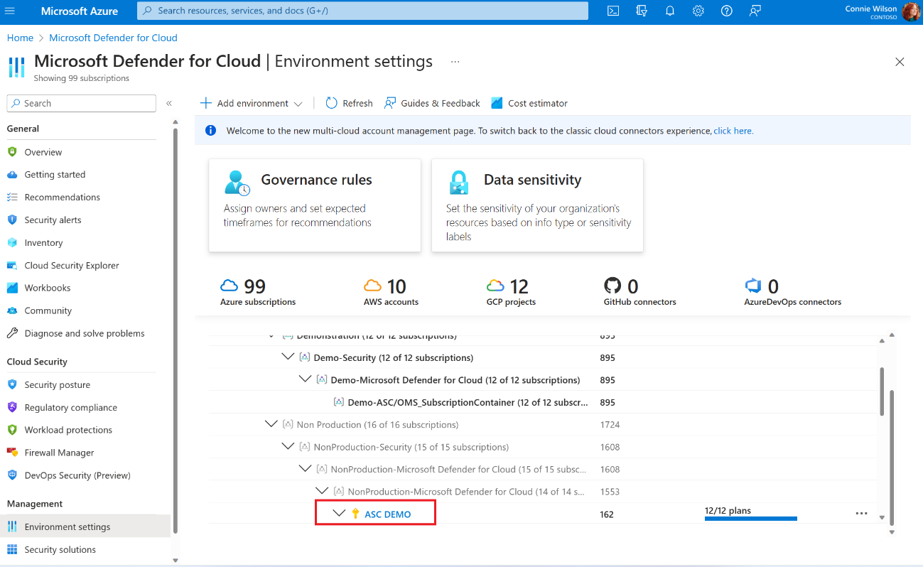 Screenshot showing how to select a subscription in Defender for Cloud.
