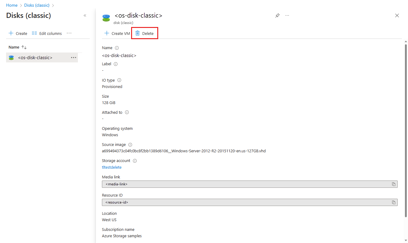 Screenshot showing how to delete classic disk artifacts in Azure portal.