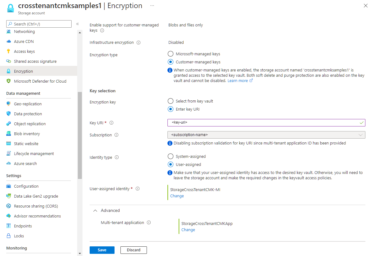 Screenshot showing how to configure cross-tenant customer-managed keys for an existing storage account in Azure portal.