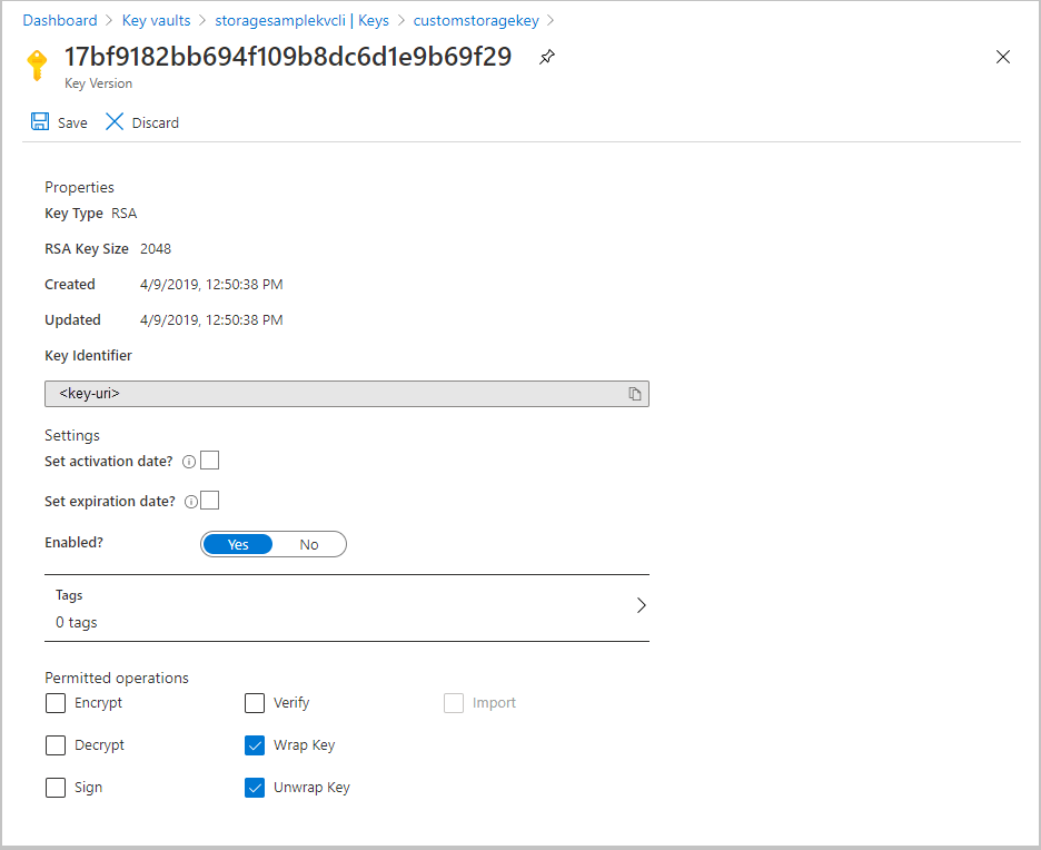 Screenshot showing key vault key URI in Azure portal.