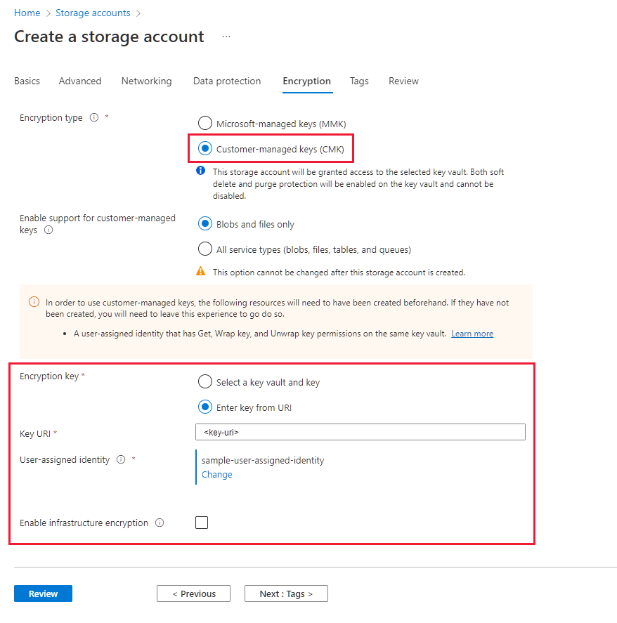 Screenshot showing how to enter key URI in Azure portal.