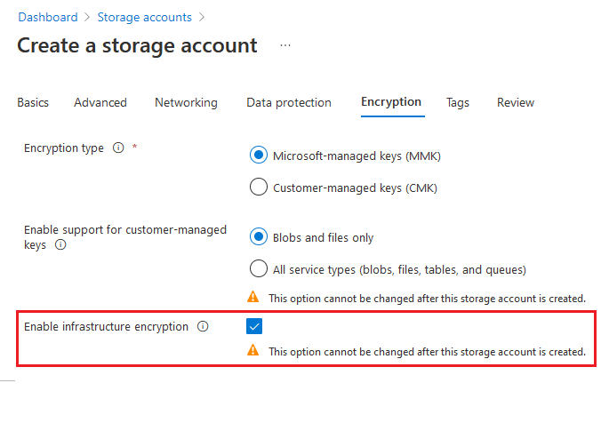 Screenshot showing how to enable infrastructure encryption when creating account.