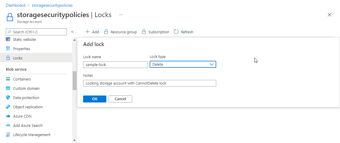 Screenshot showing how to lock a storage account with a CannotDelete lock