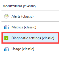 Screenshot that highlights the Diagnostic settings (classic) option under the Monitoring (Classic) section.