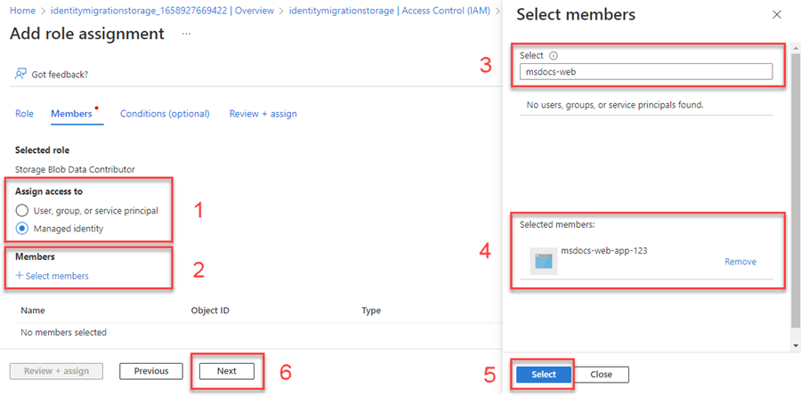 Screenshot showing how to select the assigned managed identity.