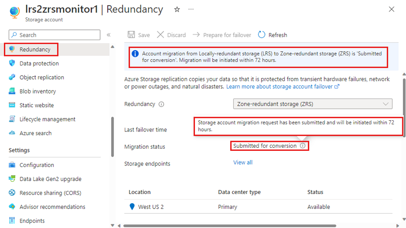 Screenshot showing the status of the conversion request on the Redundancy page of the Azure portal.