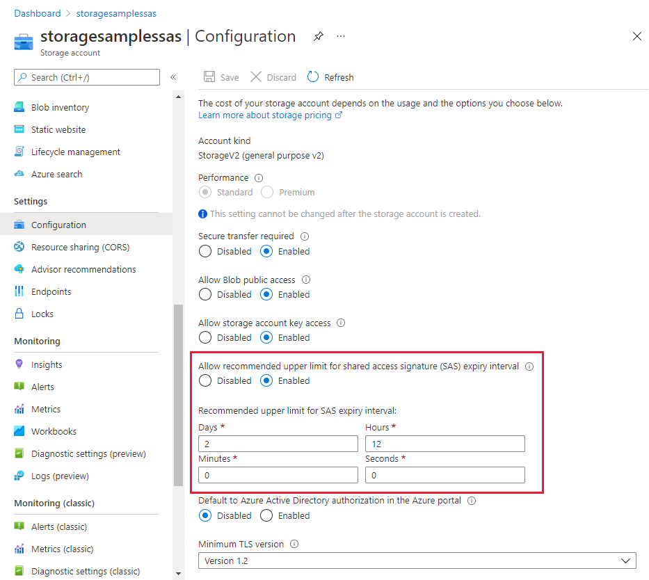 Screenshot showing how to configure a SAS expiration policy in the Azure portal.
