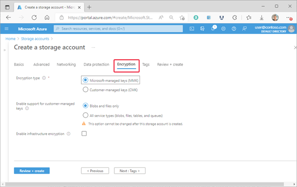 Screenshot showing a standard configuration for a new storage account - Encryption tab.