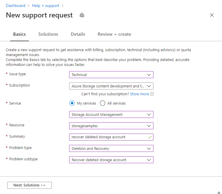 Screenshot showing how to recover a storage account through support ticket - Basics tab