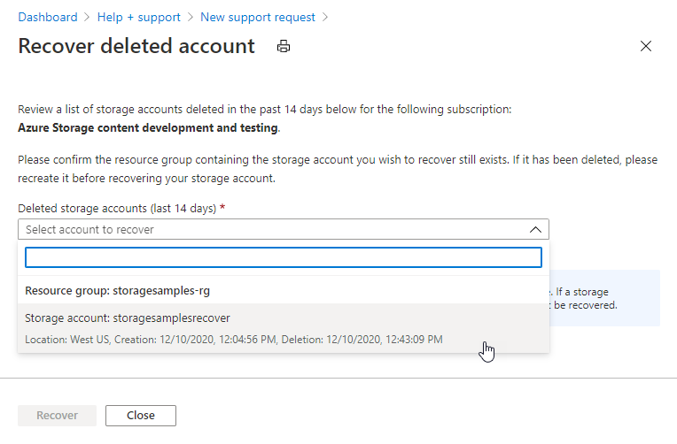 Screenshot showing how to recover a storage account through support ticket