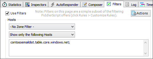 Screenshot that shows a filter that captures only traffic sent to the contosoemaildist.table.core.windows.net storage endpoint.