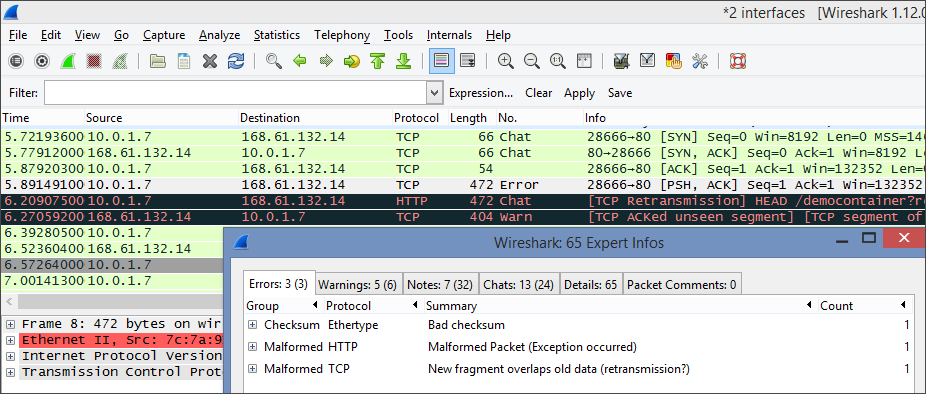 Screenshot that shows the Expert Info window where you can view a summary of errors and warnings.