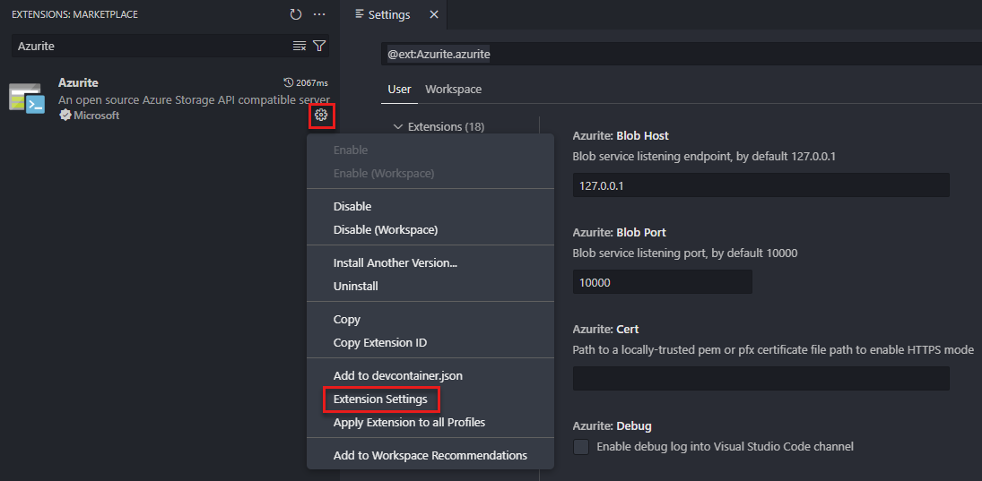 A screenshot showing how to modify the Azurite extension settings.