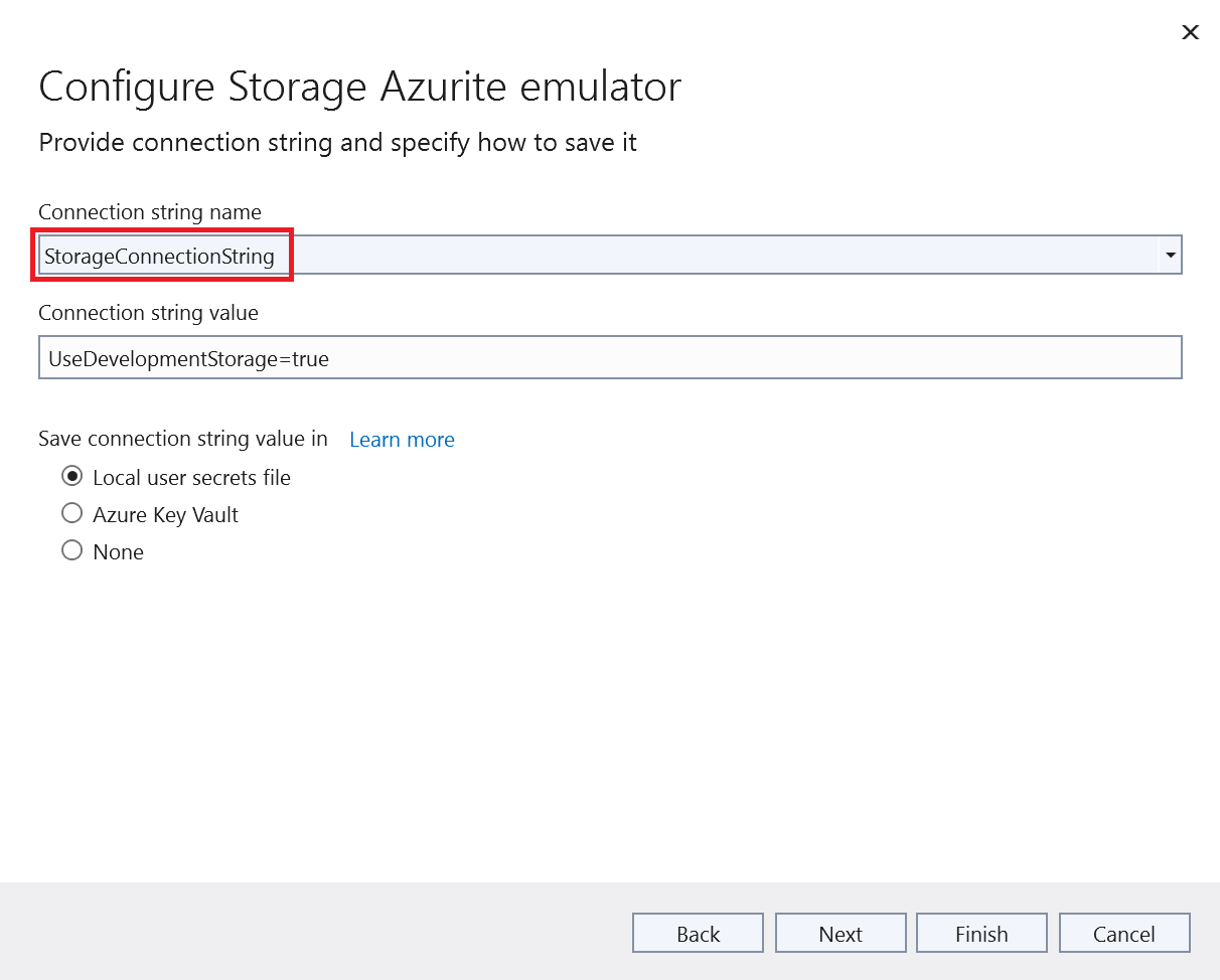 Configure Storage Azurite emulator dialog box