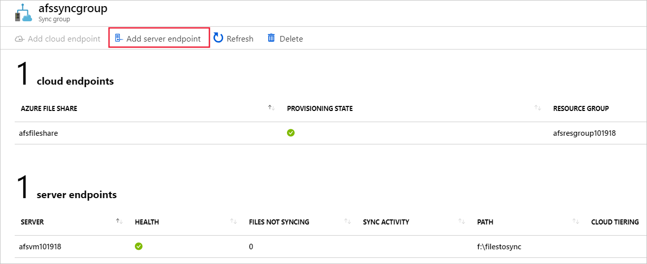 Screenshot showing how to add a new server endpoint in the sync group pane.