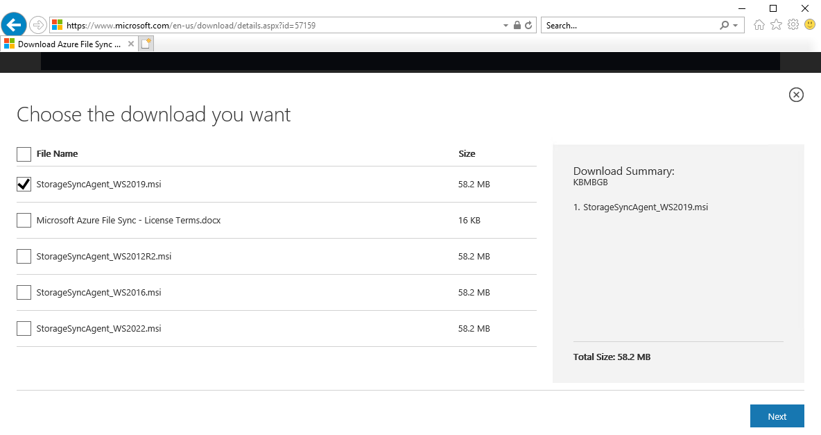 Screenshot showing how to select the right Azure File Sync agent download.