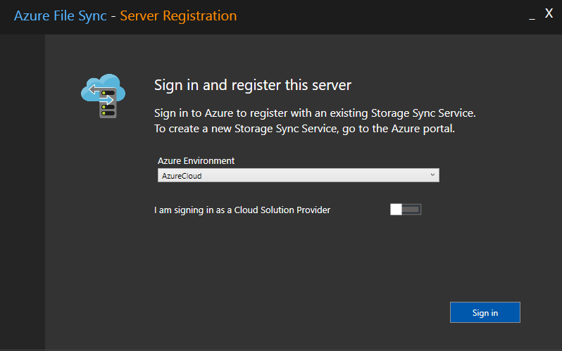 Screenshot showing the Server Registration U I to register with an existing Storage Sync Service.