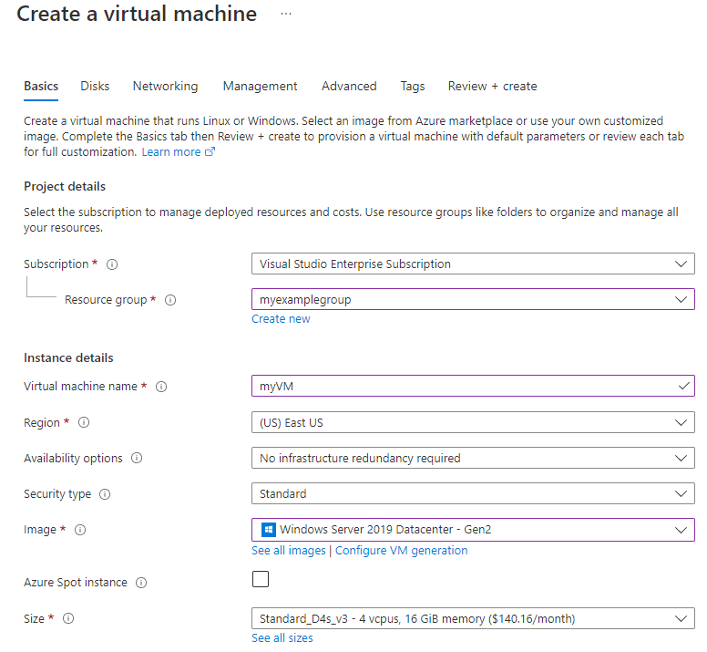 Screenshot showing how to supply project and instance details when creating a V M for this tutorial.