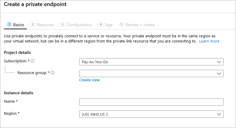A screenshot of the Basics section of the create private endpoint section