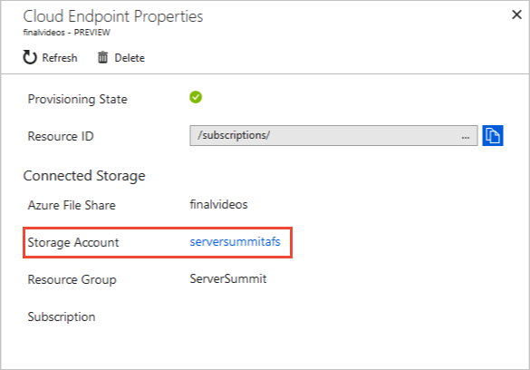 A screenshot showing the cloud endpoint detail pane with a link to the storage account.