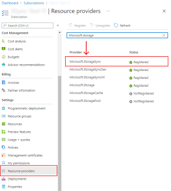 An image showing the Azure portal, subscription management, registered resource providers.